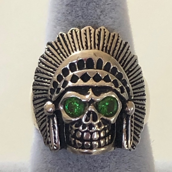 Jewelry - 925 silver biker chief skull ring green cz eyes